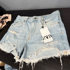 Zara Blue Jean Shorts Distressed Raw Hem